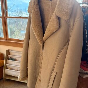 Genuine Sheepskin Shearling Sherpa Ivory Cream Stone Leather Coat--Large